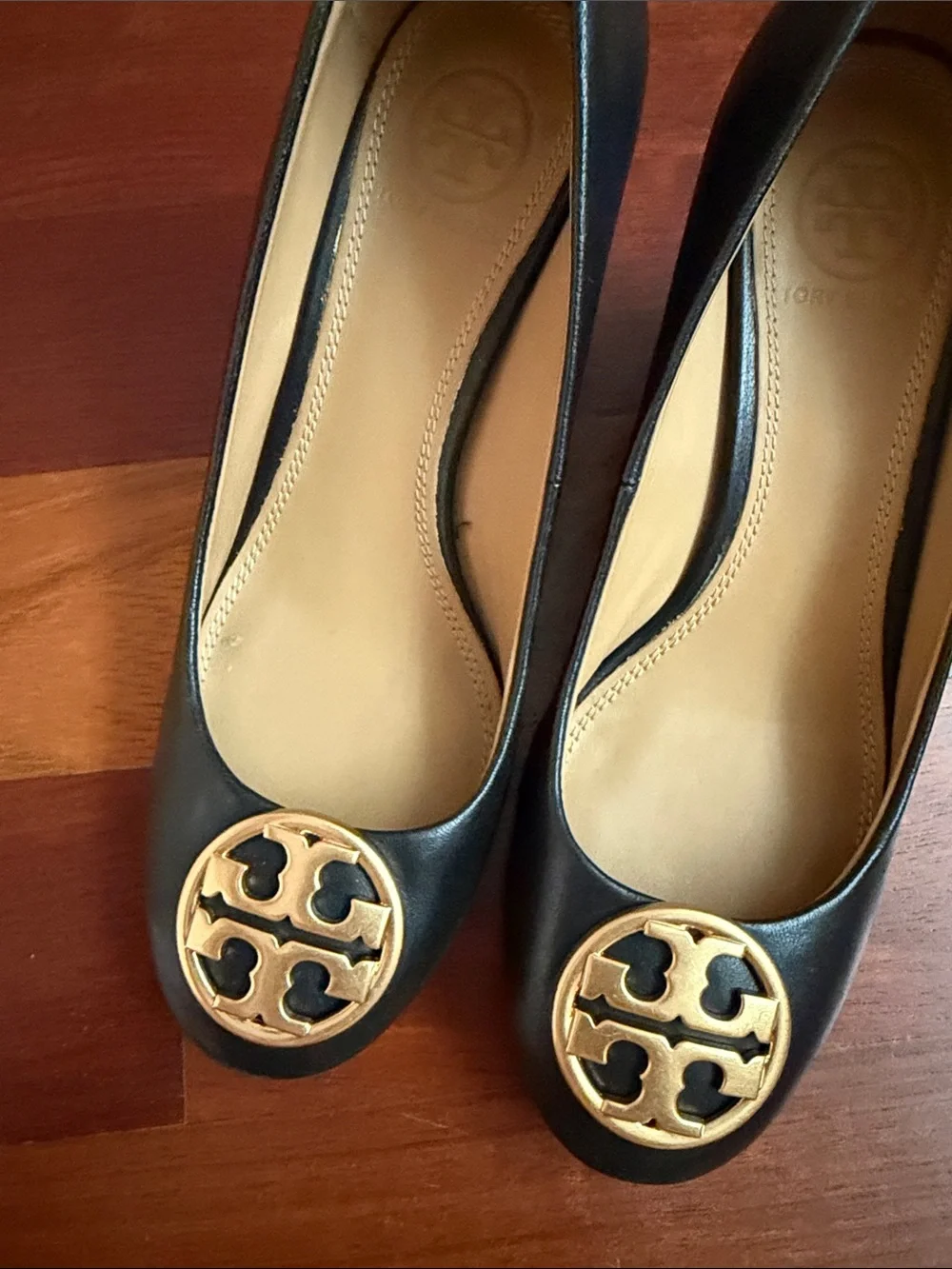 Tory Burch Black Leather Flats with Gold Logo Medallion